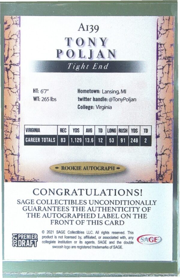 2021 SAGE Premier Draft Tony Poljan Auto RC #A139 Cavaliers Autographs Black - Image 3