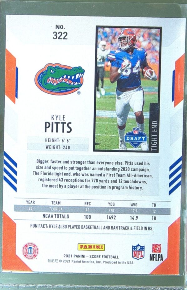 2021 Score Kyle Pitts RC #322 Gators - Image 3