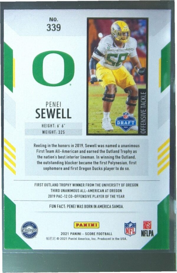 2021 Score Penei Sewell RC #339 Ducks - Image 3