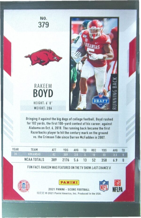 2021 Score Rakeem Boyd RC #379 Razorbacks - Image 3
