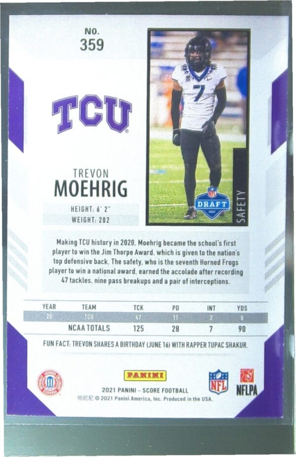 2021 Score Trevon Moehrig RC #359 Frogs - Image 3