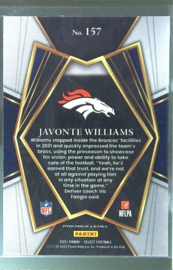 2021 Select Javonte Williams RC #157 Broncos - Image 3