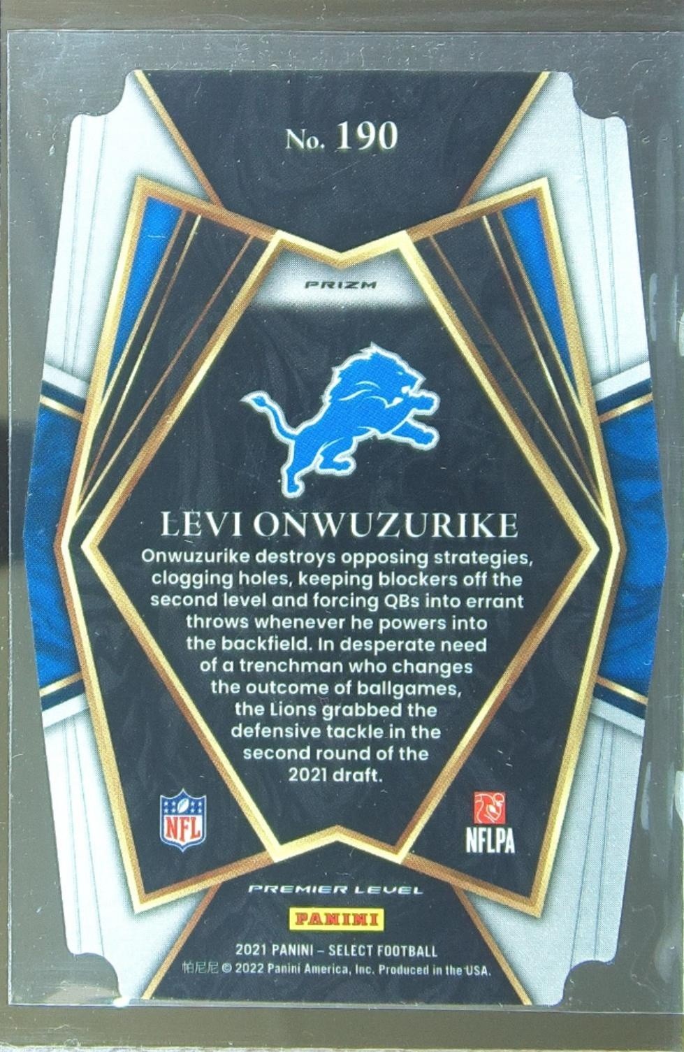 2021 Select Levi Onwuzurike Silver Prizm Die Cut RC #190 Lions - Image 3