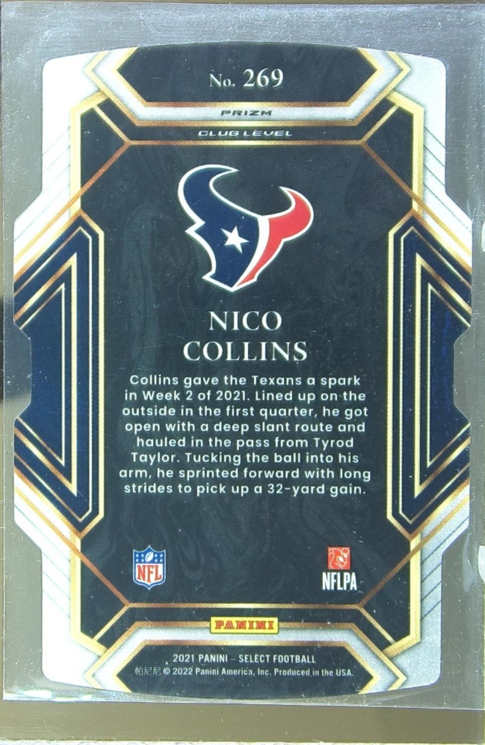 2021 Select Nico Collins Black and Gold Prizm Die Cut RC #269 Texans - Image 3