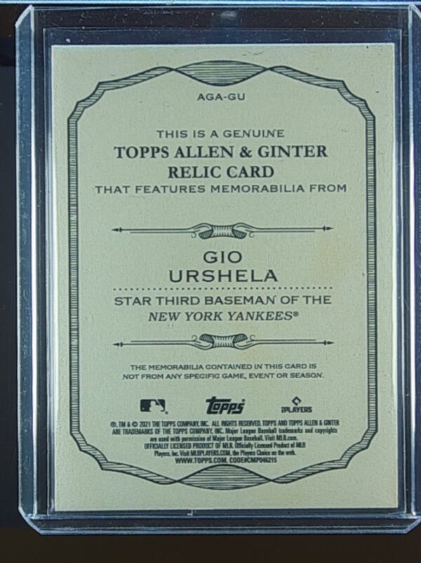2021 Topps Allen & Ginter Gio Urshela JSY #AGA-GU Yankees Full Size Relics B - Image 3