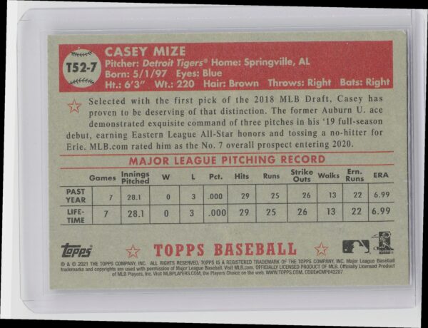 2021 Topps Casey Mize 1952 Topps Redux #TC52-7 Tigers - Image 3