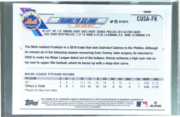 2021 Topps Chrome Update Franklyn Kilome Auto RC #CUSA-FK Mets Autographs - Image 3