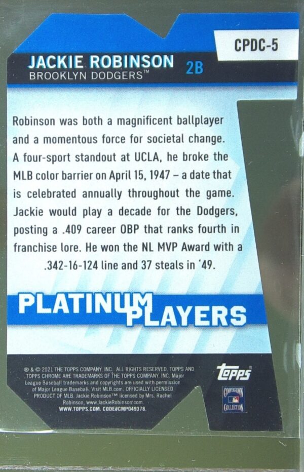 2021 Topps Chrome Update Jackie Robinson #CPDC-5 Dodgers Platinum Player Die Cut - Image 3