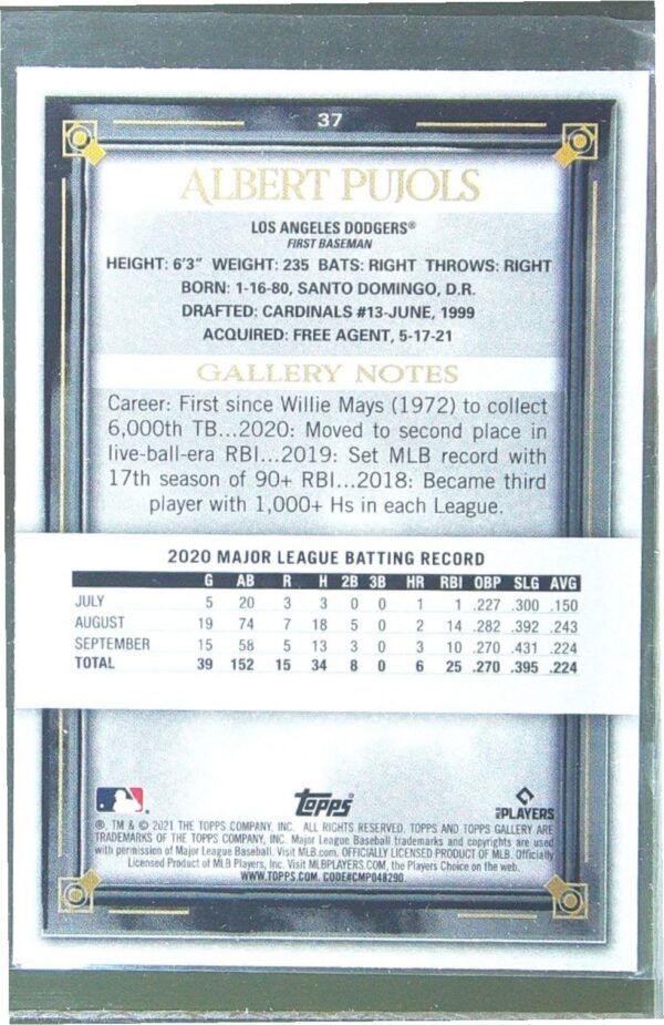 2021 Topps Gallery Albert Pujols Printer Proof #37 Dodgers - Image 3