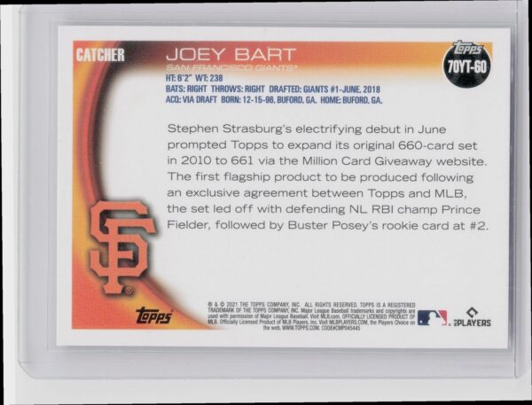 2021 Topps Joey Bart Rookie #70YT-60 Giants 70 Years of Topps Baseball Series 2 - Image 3
