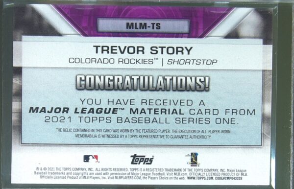 2021 Topps Trevor Story JSY #MLM-TS Rockies Major League Material Relics - Image 3