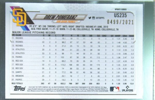 2021 Topps Update Drew Pomeranz Gold /2021 #US235 Padres - Image 3