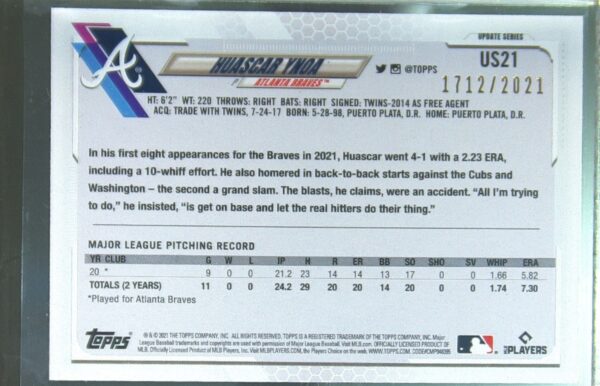 2021 Topps Update Huascar Ynoa Gold /2021 RC #US21 Braves - Image 3