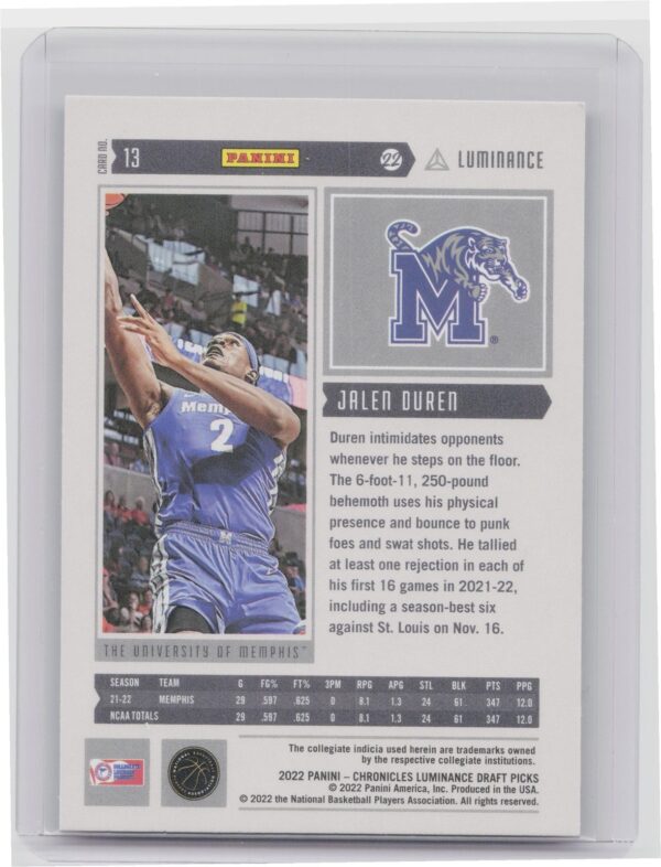 2022-23 Panini Chronicles Luminance Draft Picks Jalen Duren Rookie #13 Tigers - Image 3