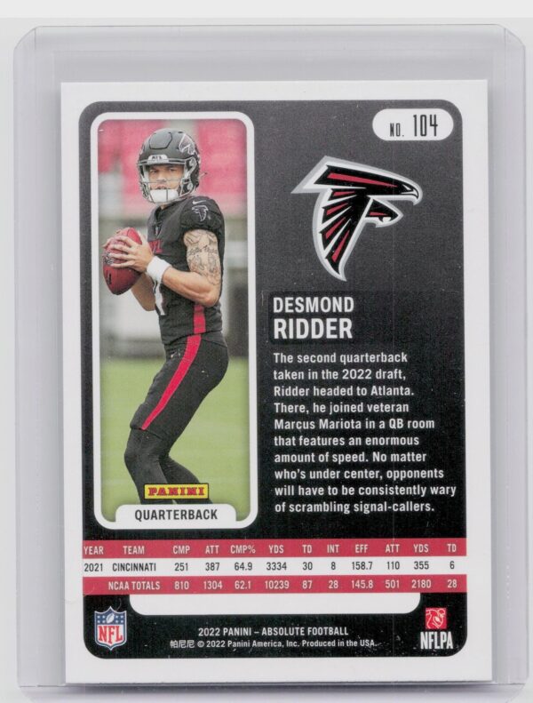 2022 Absolute Desmond Ridder RC #104 Falcons - Image 3