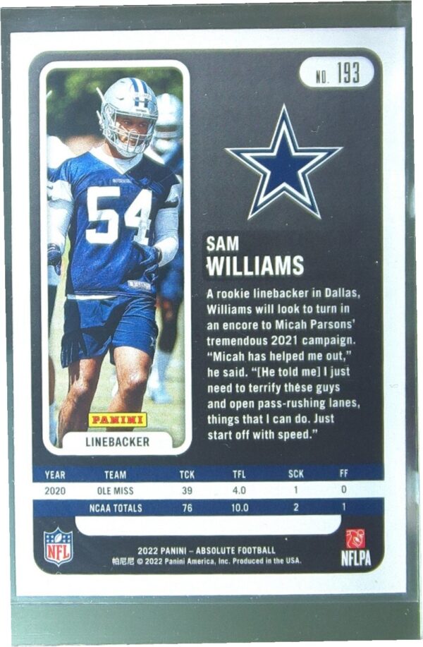 2022 Absolute Sam Williams Retail RC #193 Cowboys - Image 3
