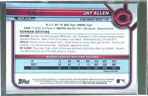 2022 Bowman Chrome Jay Allen /399 #BCP-114 Reds Chrome Prospects Lava Refractor - Image 3
