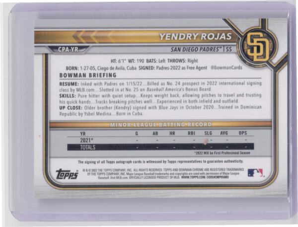 2022 Bowman Chrome Yendry Rojas AU #CPA-YR Padres Prospect Autographs - Image 3