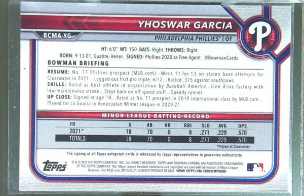 2022 Bowman Chrome Yhoswar Garcia Auto #BCMA-YG Phillies Mega Chrome Autographs - Image 3