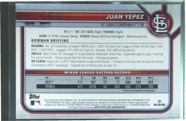 2022 Bowman Juan Yepez Sky Blue /499 RC #24 Cardinals - Image 3