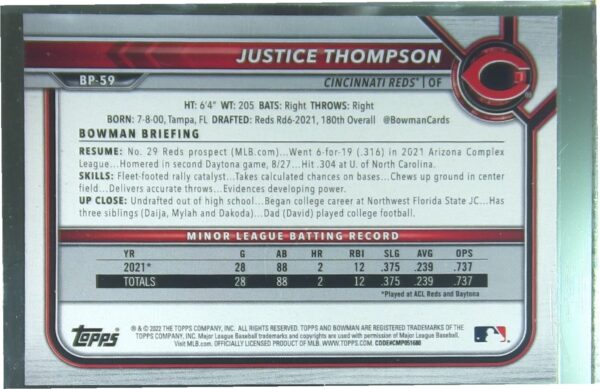 2022 Bowman Justice Thompson /250 #BP-59 Reds Prospects Purple - Image 3