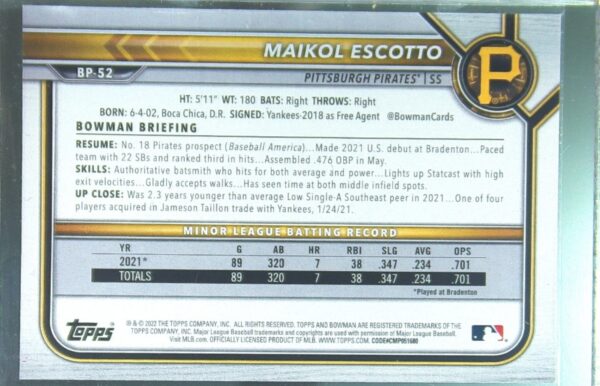 2022 Bowman Maikol Escotto /299 #BP-52 Pirates Prospects Fuchsia - Image 3