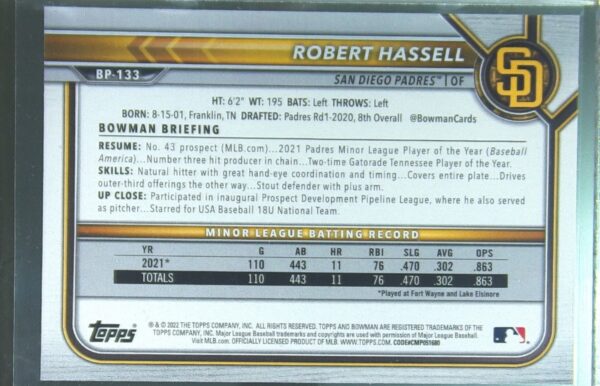 2022 Bowman Robert Hassell /299 #BP-133 Padres Prospects Fuchsia - Image 3