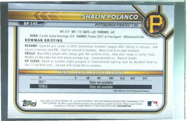 2022 Bowman Shalin Polanco /99 #BP-145 Pirates Prospects Green - Image 3
