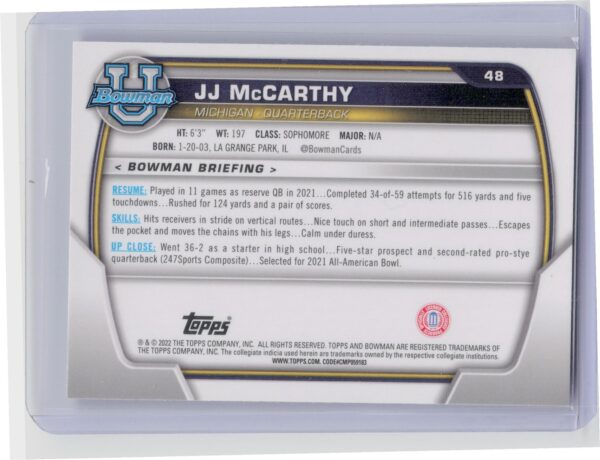2022 Bowman University Chrome JJ McCarthy #48 Wolverines - Image 3