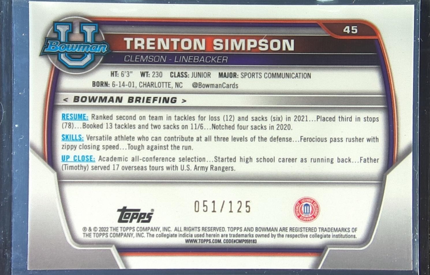2022 Bowman University Chrome Trenton Simpson Pink Wave Refractor /125 #45 Tiger - Image 3