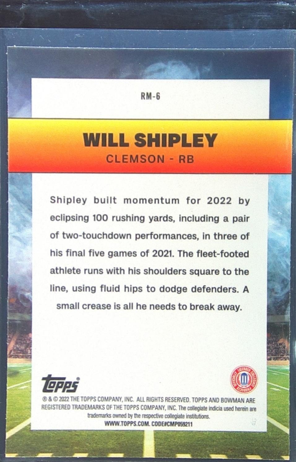 2022 Bowman University Chrome Will Shipley #RM-6 Tigers Ramblin' Man - Image 3