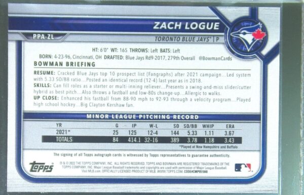 2022 Bowman Zach Logue Auto #PPA-ZL Jays Prospects Autographs - Image 3