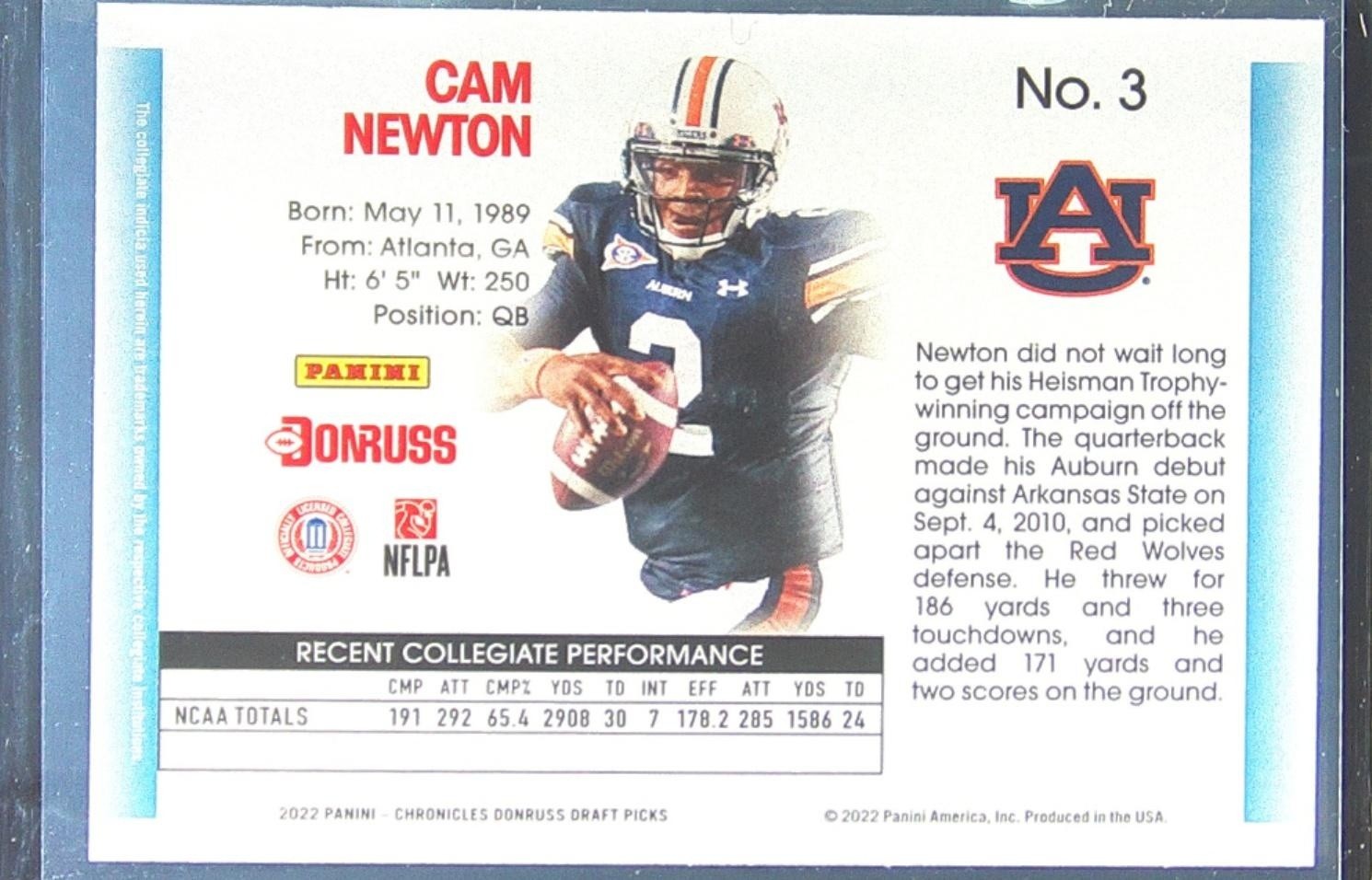 2022 Chronicles Draft Cam Newton #3 Tigers Donruss Retro - Image 3