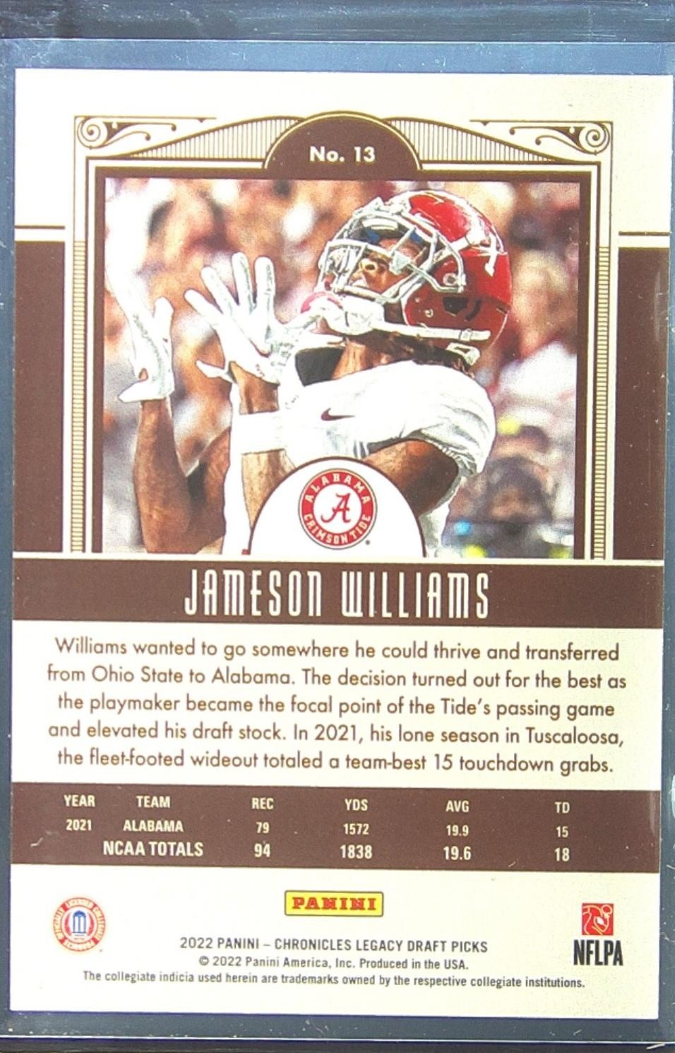 2022 Chronicles Draft Jameson Williams RC #13 Tide Legacy Rookies - Image 3