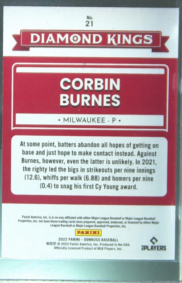 2022 Donruss Corbin Burnes Red /2022 #21 Brewers - Image 3