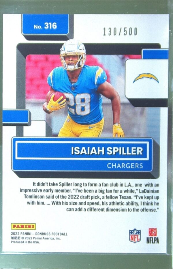2022 Donruss Isaiah Spiller Season Stat Line /500 #316 Chargers - Image 3