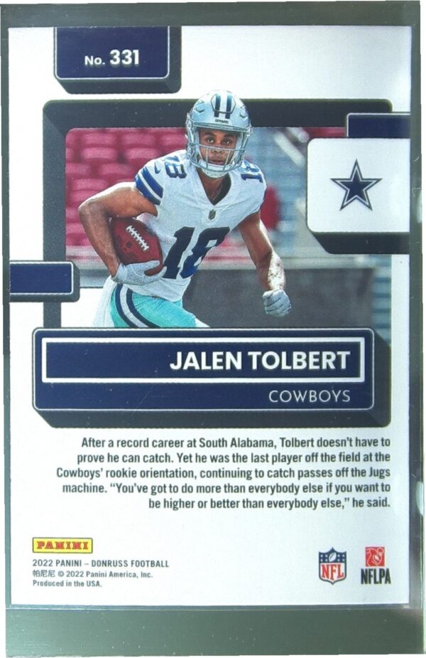 2022 Donruss Jalen Tolbert RC #331 Cowboys - Image 3