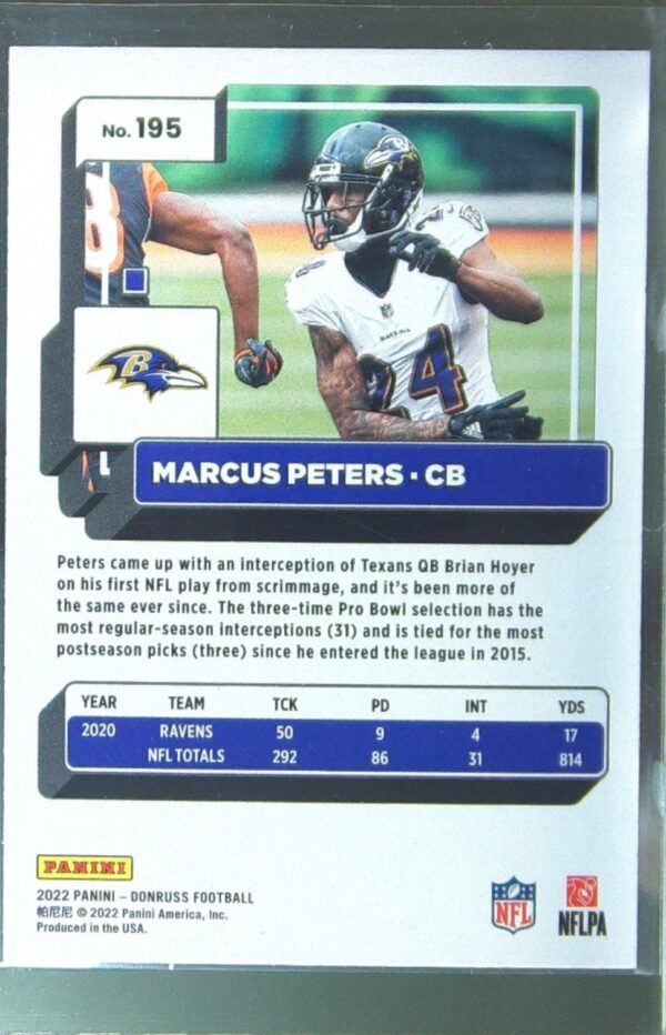 2022 Donruss Marcus Peters Press Proof Red #195 Ravens - Image 3