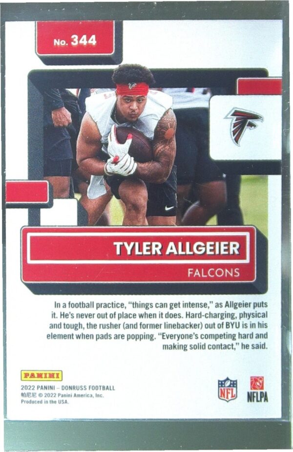 2022 Donruss Tyler Allgeier RC #344 Falcons - Image 3