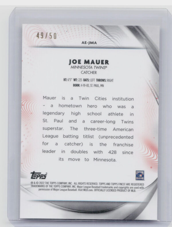 2022 Finest Joe Mauer SN50 #AE-JMA Twins Aura of Excellence Gold Refractor - Image 3
