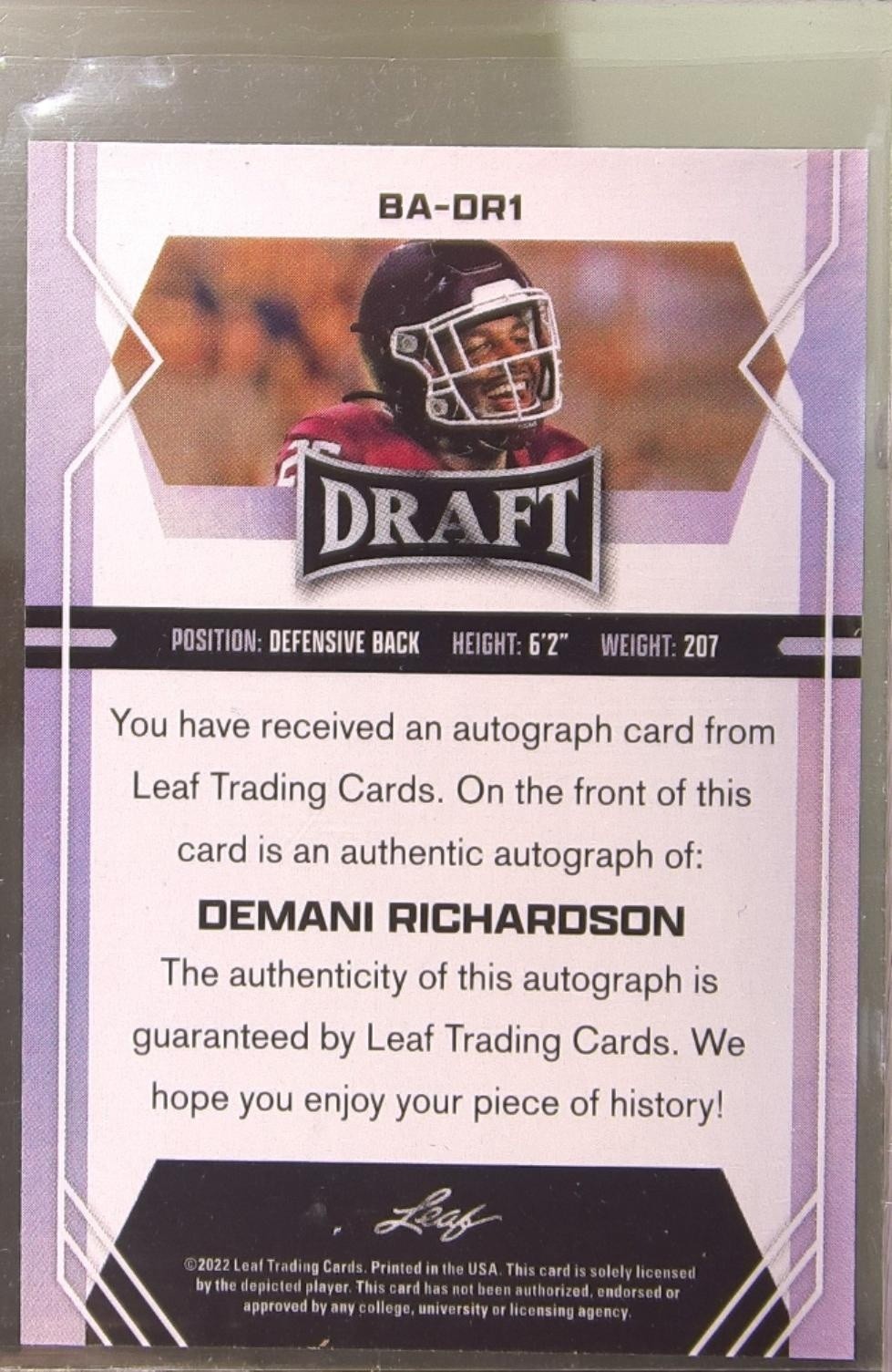 2022 Leaf Draft Demani Richardson #BA-DR1 Aggies Autographs Blue - Image 3