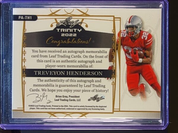 2022 Leaf Trinity TreVeyon Henderson Auto JSY /75 #PA-TH1 Buckeyes PW Gold - Image 3