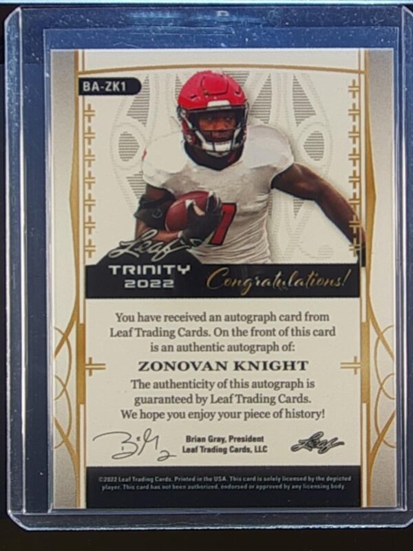2022 Leaf Trinity Zonovan Knight Auto /75 #BA-ZK1 Wolfpack Gold - Image 3