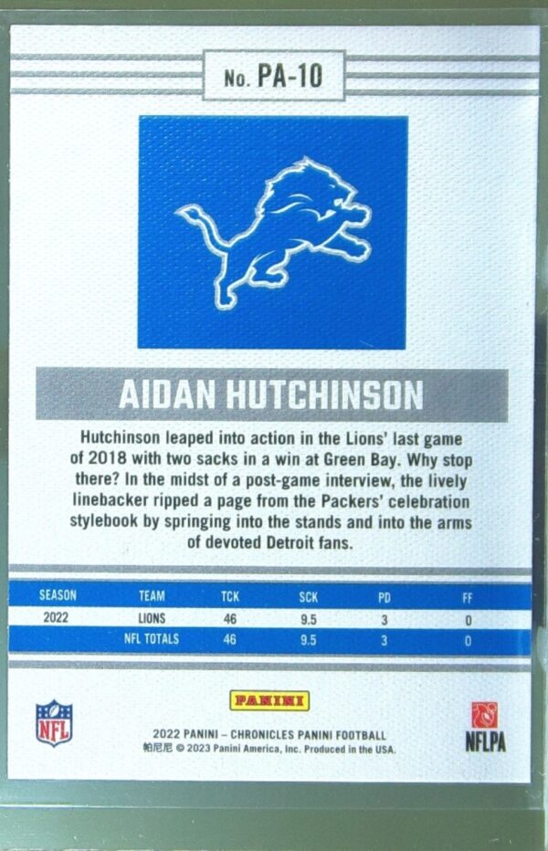 2022 Panini Chronicles Aidan Hutchinson RC #PA-10 Lions Panini - Image 3