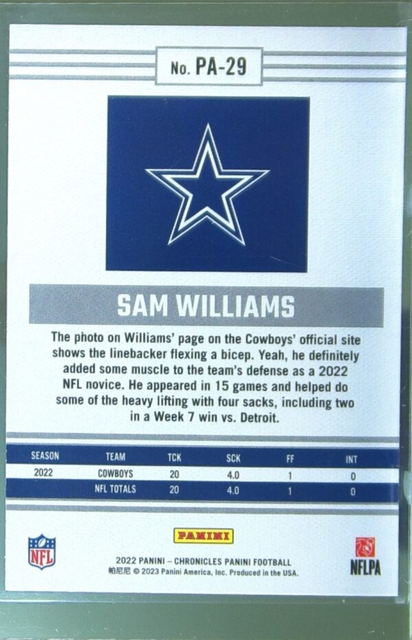 2022 Panini Chronicles Sam Williams RC #PA-29 Cowboys - Image 3