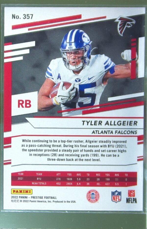 2022 Panini Prestige Tyler Allgeier Xtra Points Green /249 RC #357 Falcons - Image 3