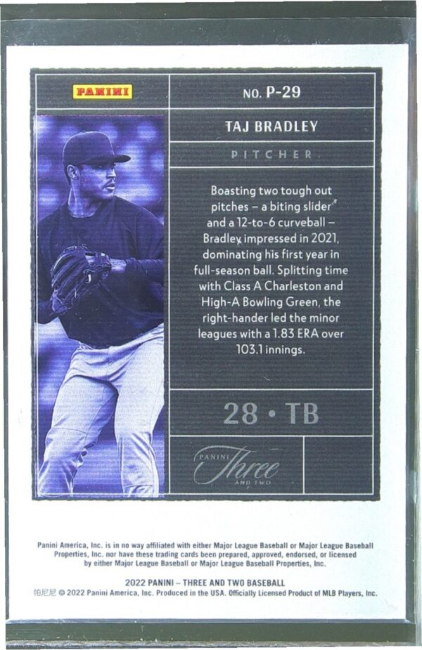 2022 Panini Three and Two Taj Bradley /25 #P-29 Rays Prospects Gold - Image 3