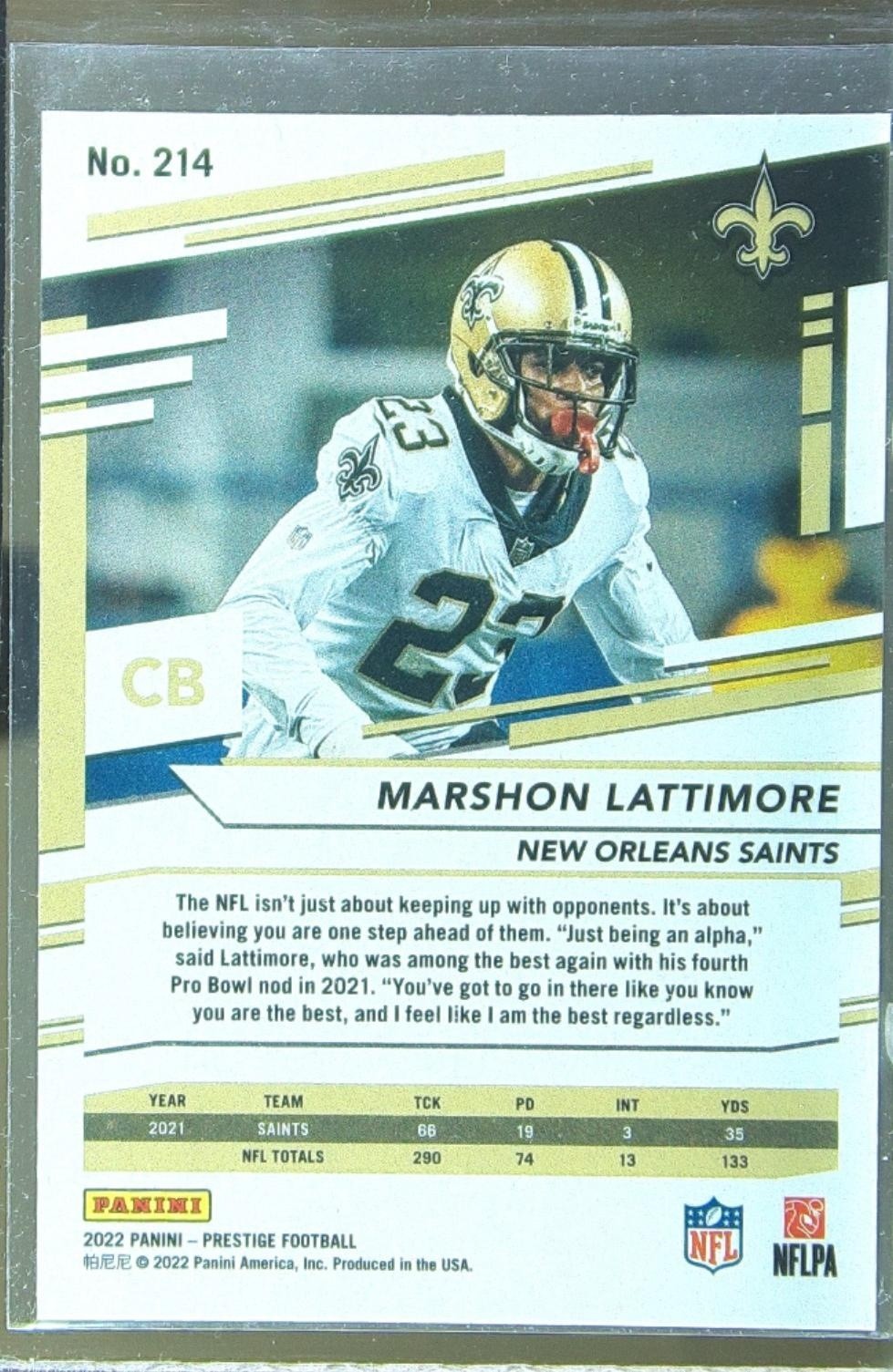 2022 Prestige Marshon Lattimore Xtra Points Diamond #214 Saints - Image 3