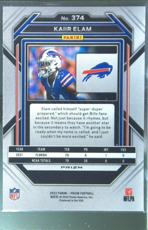 2022 Prizm Kaiir Elam Red White and Blue RC #374 Bills - Image 3