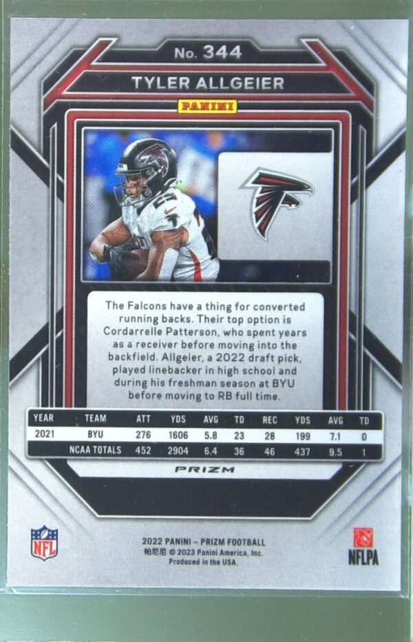 2022 Prizm Tyler Allgeier Silver RC #344 Falcons - Image 3